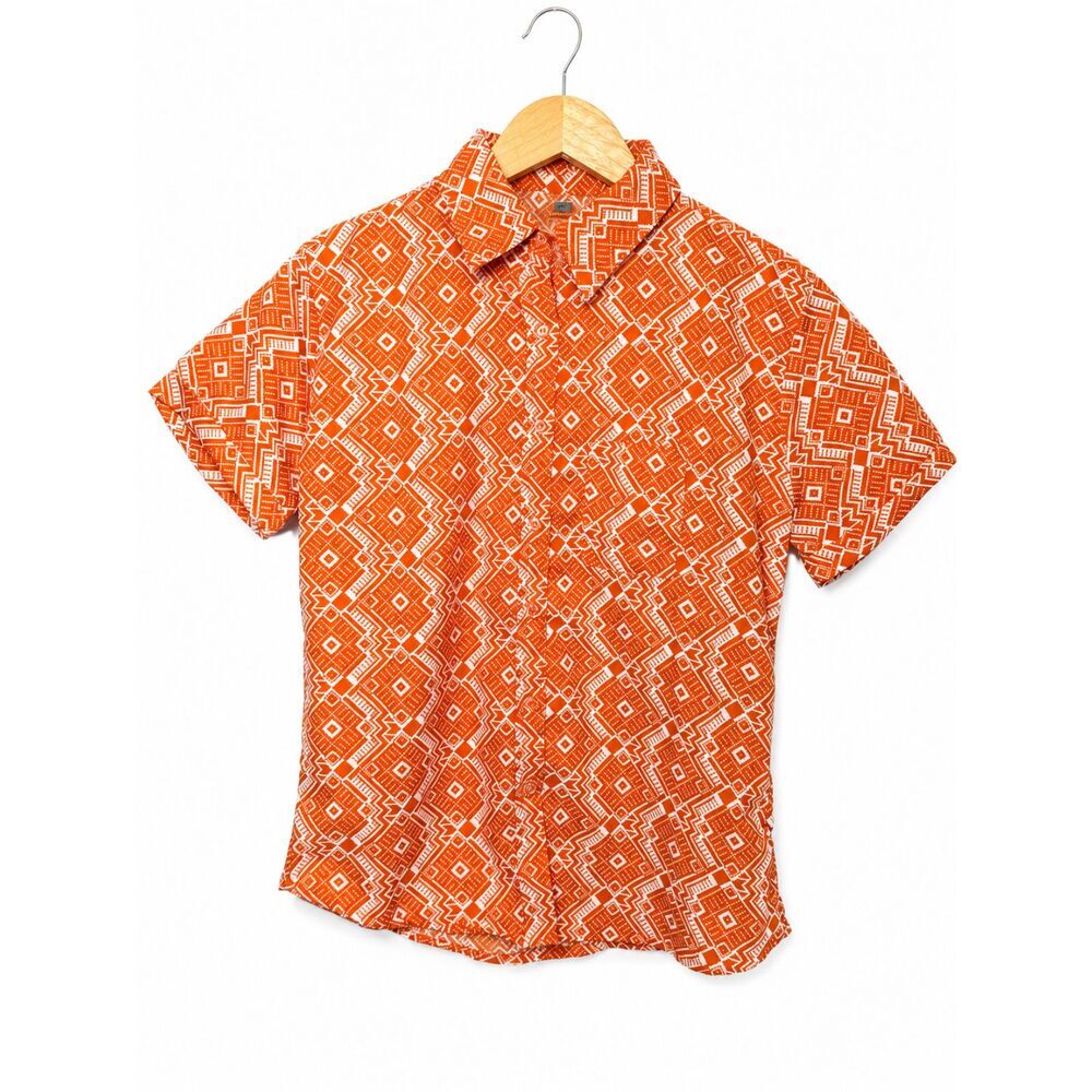 Vintage Y2K Uniti Casuals Orange Geometric Button-Up Shirt Women's M Retro 2000s